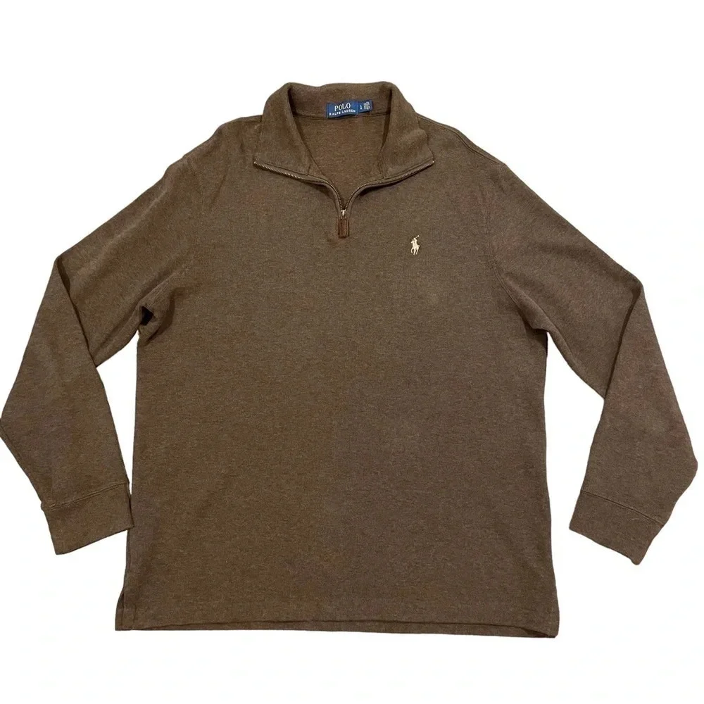 Polo Ralph Lauren Men's  1/4 Zip Pullover Cotton Sweater Brown Large